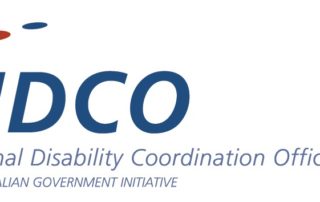 NDCO Logo features blue and red graphic dots NDCO National Disability Coordination Officer Program, An Australian Government Initiative.