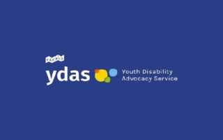 Youth Disability Advocacy Service (YDAS) Logo, blue background, and orange circle graphics