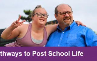 Vic Pathways to Post school lifewith image of a young gitrl signing peace with her arm around an older man father parent