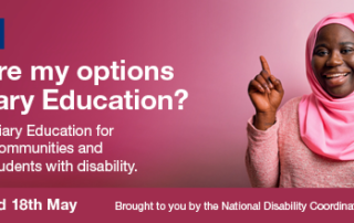 Banner Image for a Vodcast on the options in Tertiary Education, for Multicultural and Mature Age Students with Disability. Graphic of woman from a CALD background holding one finger up and smiling. 