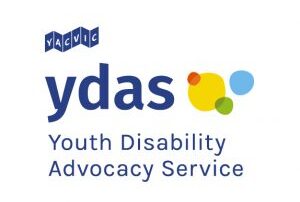 YDAS logo Youth Disability Advocacy Services and Yellow, blue, green and red circles