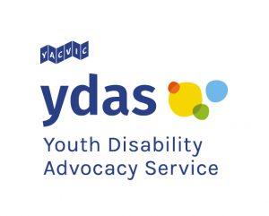 YDAS logo Youth Disability Advocacy Services and Yellow, blue, green and red circles