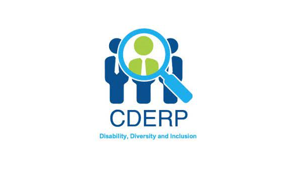CDERP Disability, Diversity and Inclusion. Features 3 dark blue people icons with with a magnifying glass over the middle persons head in green