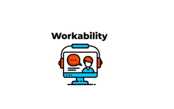 Workability logo screen with headphones and a person speaking on the screen