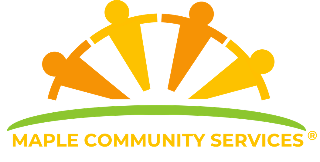 Maple Community Servies logo features 4 yellow and orange symbols of people holding hands above a green line