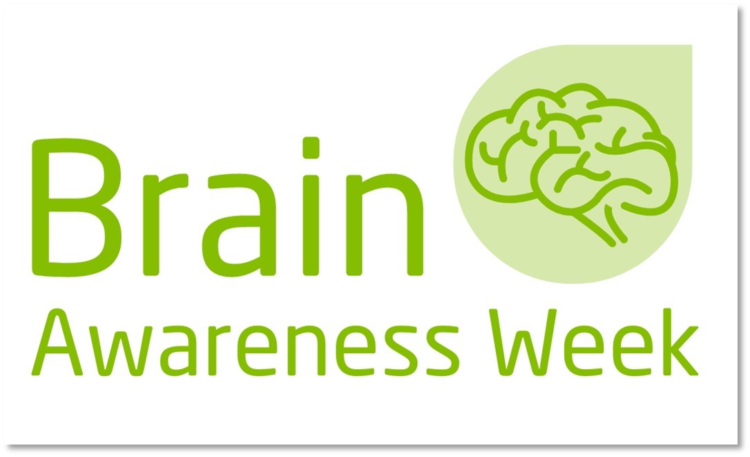 Brain Injury Awareness Week text in gree with white background and graphic of the brain